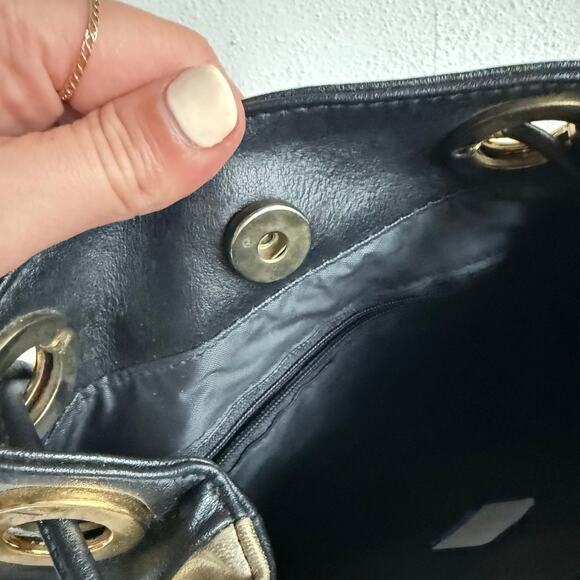 Y2K Patchwork Shoulder Bag Metallic Grommet Bucket Tote Purse Glam City Chic - Picture 7 of 8